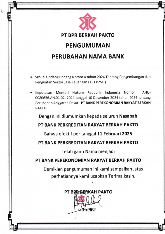PENGUMUMAN PERUBAHAN NAMA BANK