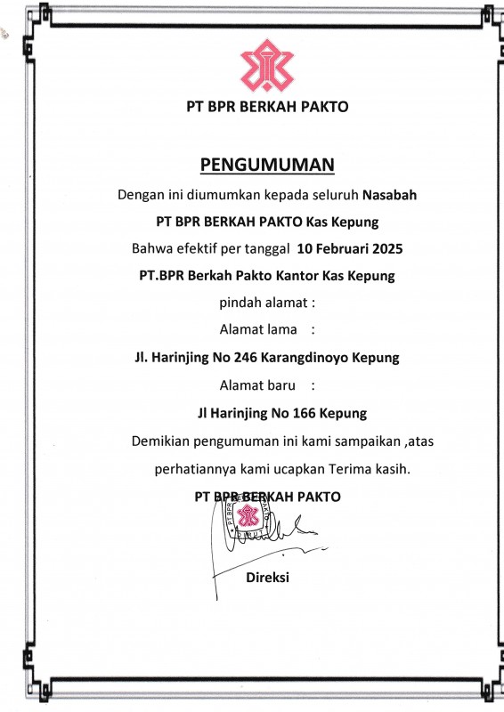 PENGUMUMAN PELAKSANAAN PINDAH KANTOR