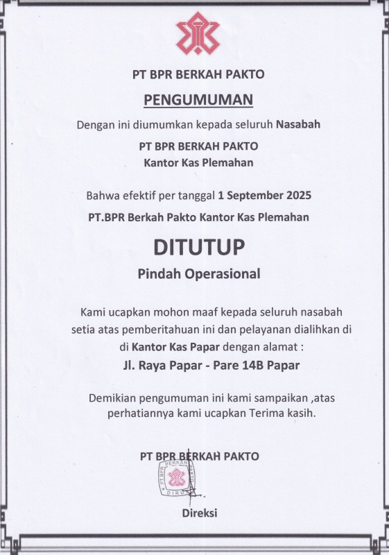 PENGUMUMAN RENCANA PENUTUPAN KANTOR KAS PLEMAHAN