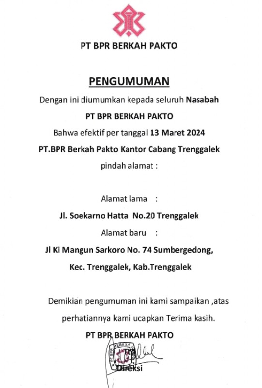 Kantor Cabang Trenggalek Pindah
